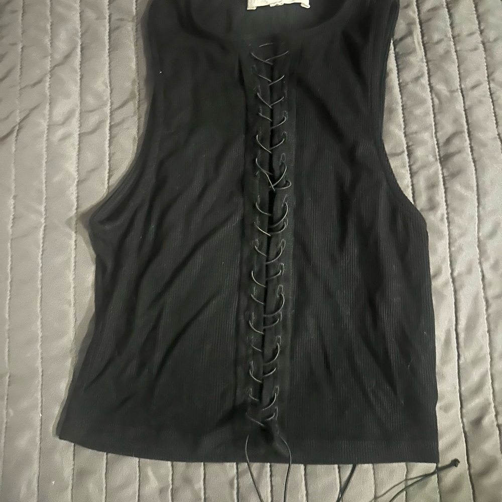 Joah Brown Black Lace-Up Tank Top